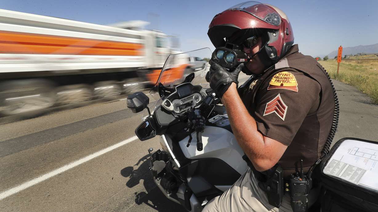 Utah Highway Patrol Sgt. Jeff Stevens looks for speeders in this Aug. 12, 2020, photo. Troopers said they stopped 52 drivers over the Easter weekend who were traveling faster than 100 mph.