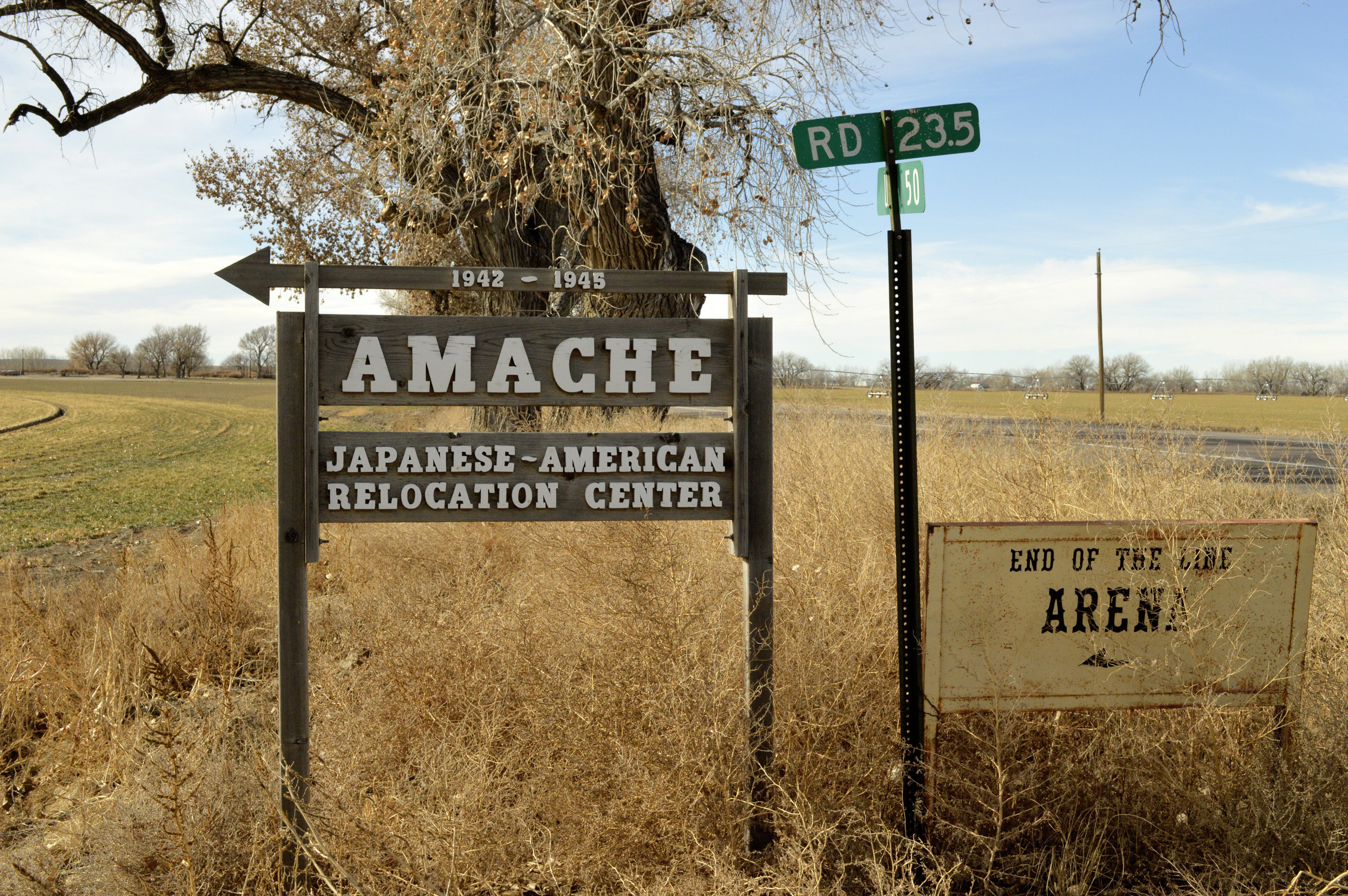 A sign stands at the entrance to Camp Amache, on Jan. 18, 2015, the site of a former World War II-era Japanese-American internment camp, in Granada, Colo. On the eve of the 80th anniversary of the forced internment of 120,000 Japanese-Americans at the onset of World war II, Republican U.S. Sen. Mike Lee of Utah is getting backlash for holding up the creation of a national historic site at the former internment camp in extreme southeast Colorado.