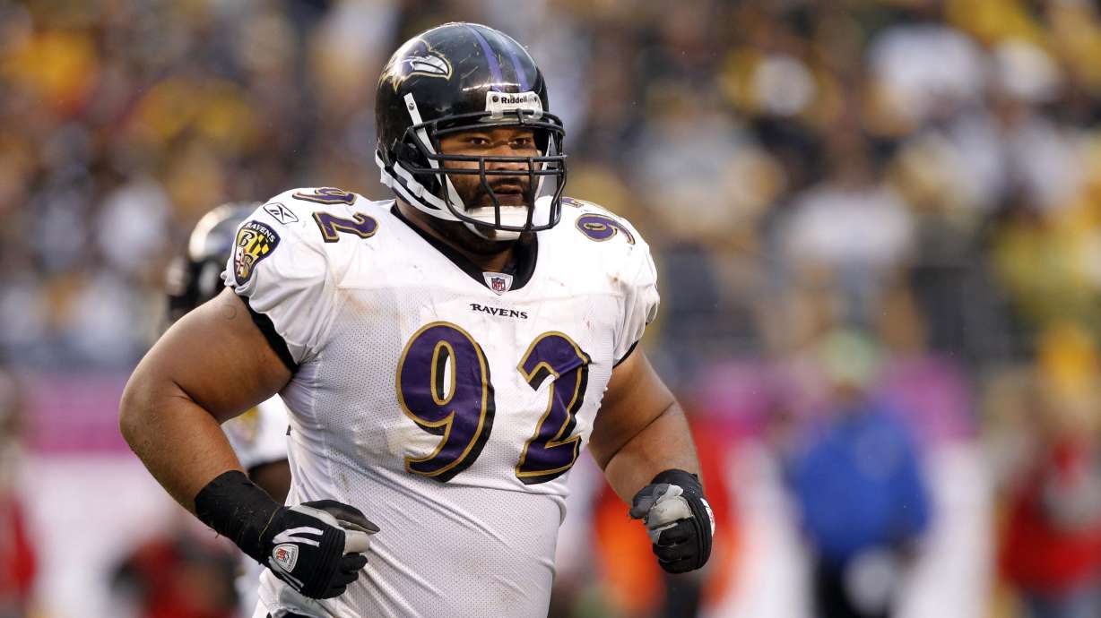 In this Oct. 3, 2010 file photo, Baltimore Ravens defensive tackle Haloti Ngata (92) heads to the sidelines during an NFL football game against the Pittsburgh Steelers in Pittsburgh. Since retiring from the NFL, Ngata has been home in Park City, playing pickleball, hunting and rooting on former teammate Matthew Stafford in Super Bowl 56.