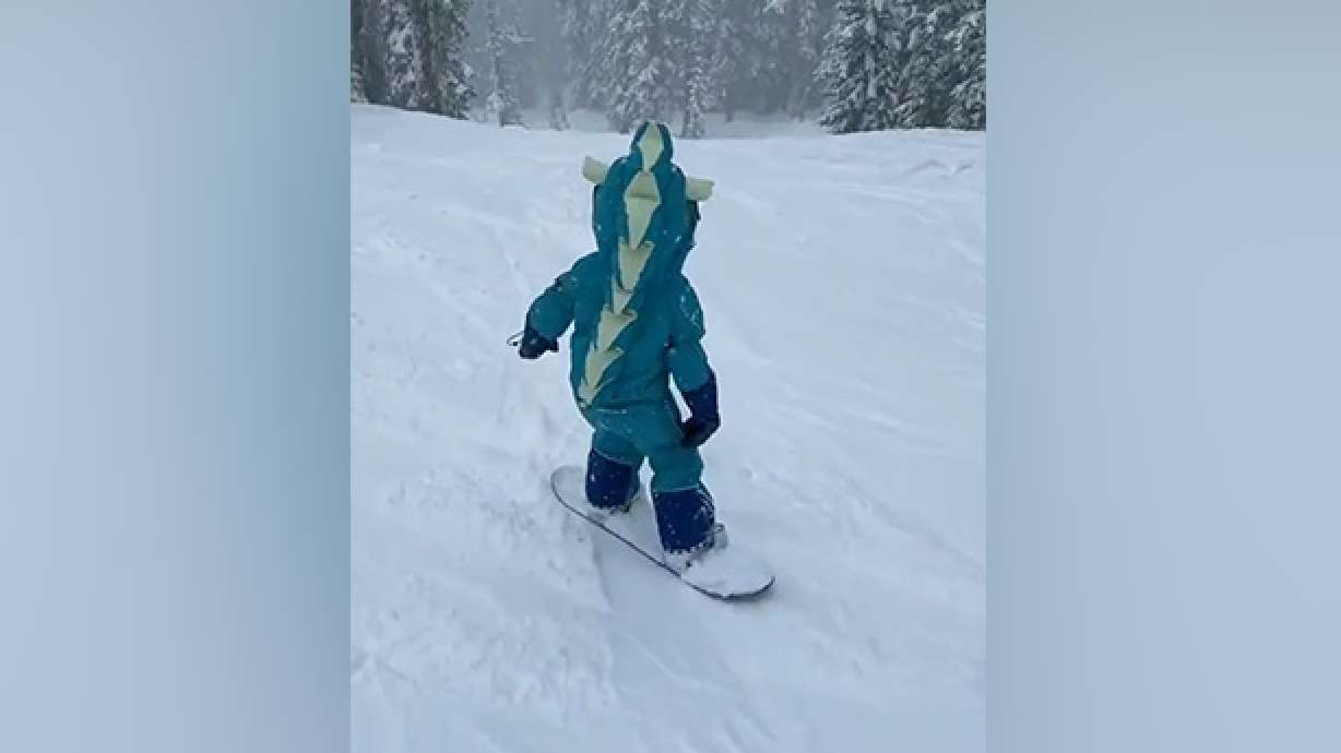 This 4-year-old dressed as a dinosaur hits the slopes with her dad.