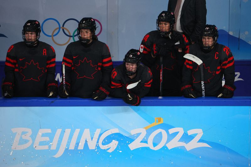 2022 Beijing Olympics - Ice Hockey - Women's Play-offs Quarterfinals - Canada v Sweden - Wukesong Sports Centre, Beijing, China - February 11, 2022.  Canada players are seen.