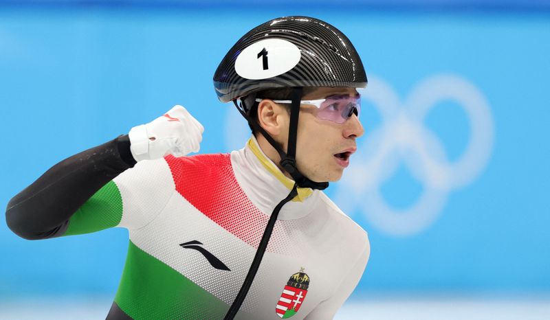 2022 Beijing Olympics - Short Track Speed Skating - Men's 500m - Semifinals - Capital Indoor Stadium, Beijing, China - February 13, 2022. Shaoang Liu of Hungary reacts after competing.