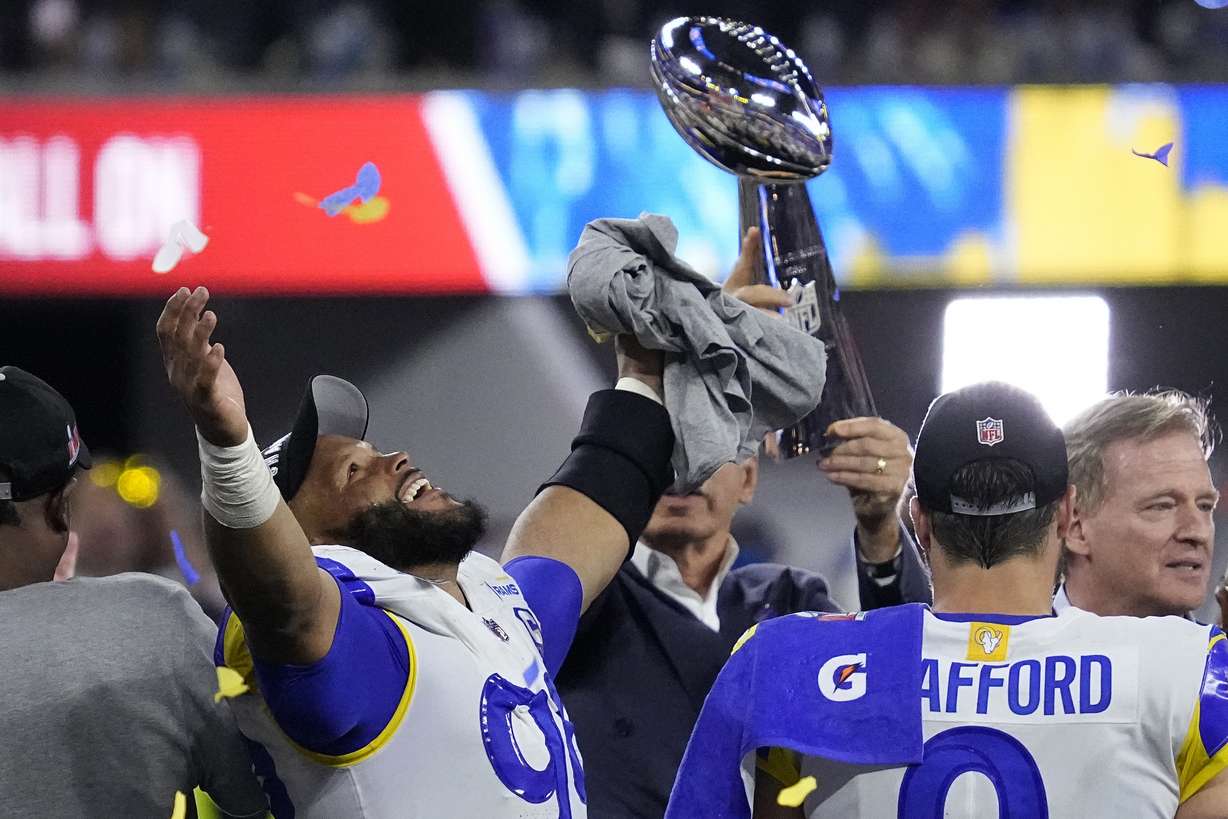 Los Angeles Rams defensive end Aaron Donald (99) after the NFL Super Bowl 56 football game Sunday, Feb. 13, 2022, in Inglewood, Calif. The Los Angeles Rams won 23-20.