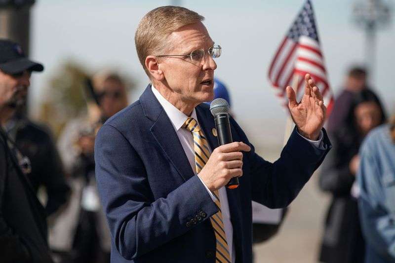 State Rep. Steve Christiansen, R-West Jordan, speaks
during a rally calling for a forensic vote audit at the Capitol in
Salt Lake City on Oct. 20, 2021. Utahns are split over whether the 2020 election should be audited.