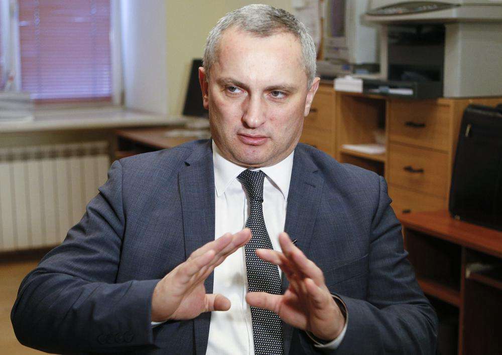 Serhii Demediuk, the head of Ukraine's national CyberPolice unit, talks during an interview with The Associated Press in Kiev, Ukraine, Feb. 12, 2019. To Demediuk, the No. 2 official on Ukraine’s National Security and Defense Council, a cyberattack last month that damaged servers at the State Emergency Service and Motor Transport Insurance Bureau with a malicious “wiper” cloaked as ransomware was “part of a full-scale Russian operation directed at destabilizing the situation in Ukraine, aimed at exploding our Euro-Atlantic integration and seizing power.”