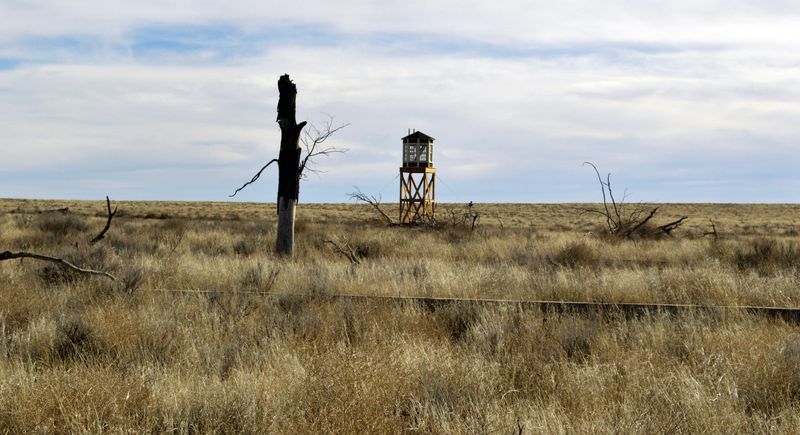 A rebuilt watchtower stands at Camp Amache, on Jan. 18,
2015, the site of a former World War II-era Japanese-American
internment camp in Granada, Colo. On the eve of the 80th
anniversary of the forced internment of 120,000 Japanese-Americans
at the onset of World war II, Republican U.S. Sen. Mike Lee of Utah
is getting backlash for holding up the creation of a national
historic site at the former internment camp in extreme southeast
Colorado.
