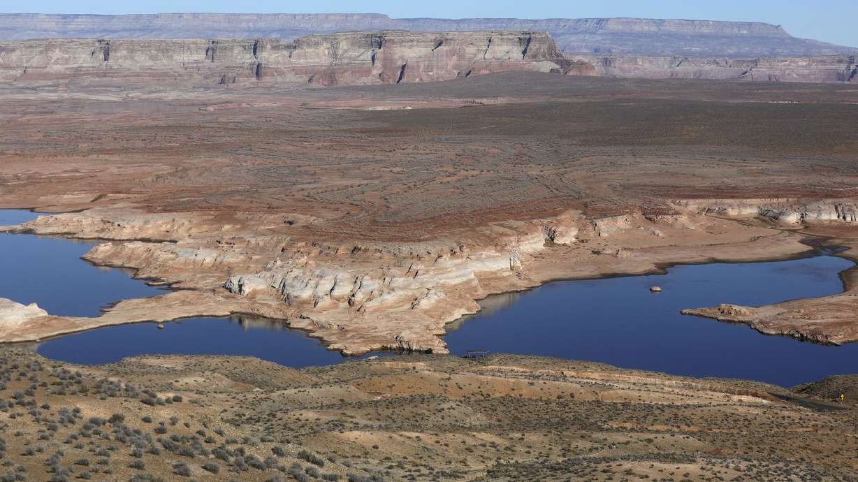 Low water levels are pictured in Lake Powell in Page, Arizona, Dec. 18, 2021. As water levels decline in Lake Powell, so does hydropower production.