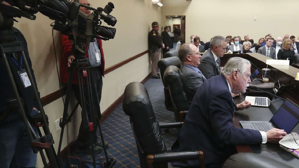 Cameras line the committee room as Sen. Gene Davis, D-Salt Lake City, speaks at the Capitol in Salt Lake City on Feb. 9. In a preliminary vote, the Senate expressed willingness to limit media access to certain areas of the Capitol.
