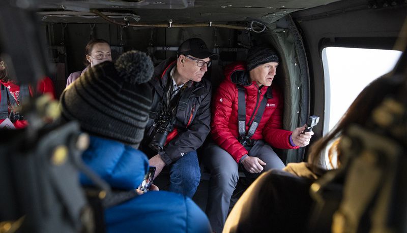 Rep. Steve Handy, R-Layton, and Rep. Jeffrey Stenquist,
R-Draper, and other Utah lawmakers take an aerial tour of the Great
Salt Lake in Blackhawk helicopters from the Air National Guard. The
group left from the Capitol in Salt Lake City Utah on Tuesday, Feb.
15, 2022.