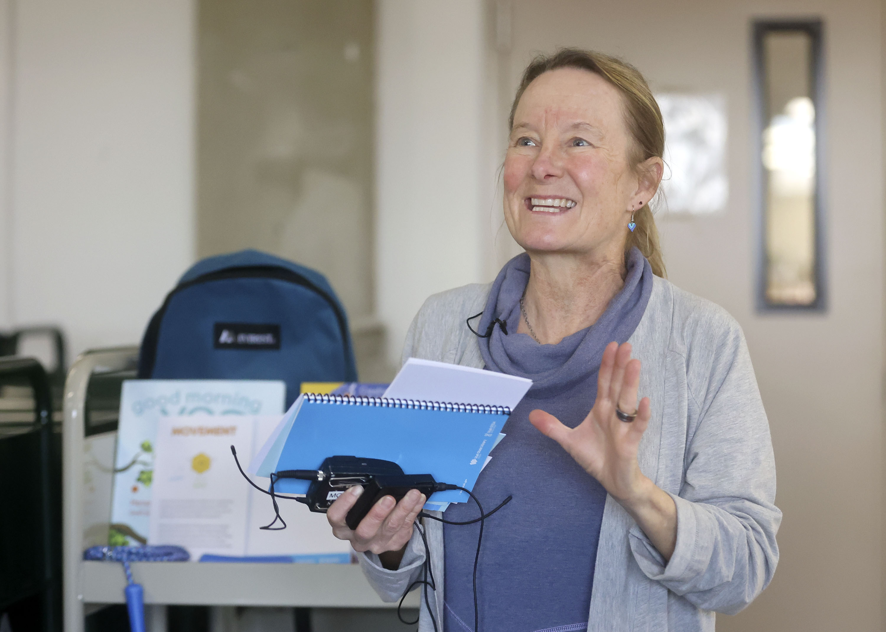 Tami Goetz, STEM Action Center director, talks about The Science of Stress Relief kits at the Whitmore Library in Cottonwood Heights on Tuesday, Feb. 15. Four hundred backpacks will go to libraries throughout Utah, filled with mindfulness, movement and creation activity cards, journals, crochet materials, jump ropes, thinking putty, feathers and books on yoga and breathing.