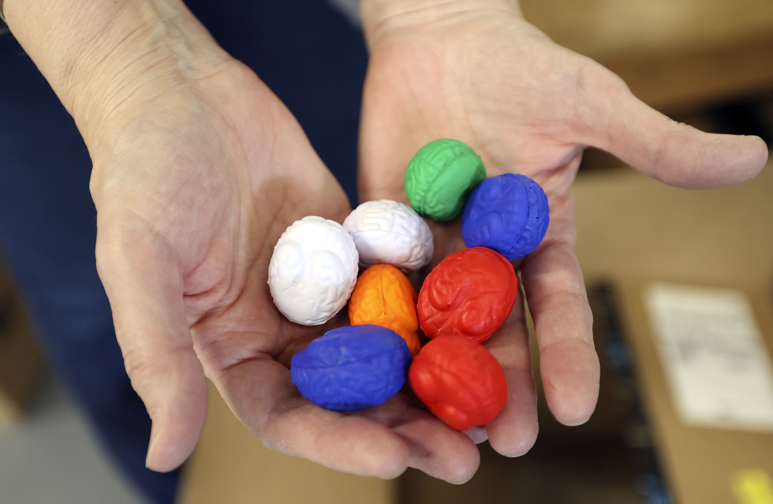 Lynn Reichert, STEM Action Center community and innovation manager, holds brain-shaped stress balls at the Whitmore Library in Cottonwood Heights on Tuesday, Feb. 15.