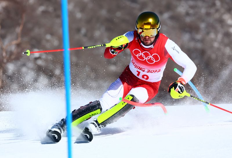 2022 Beijing Olympics - Alpine Skiing - Men's Slalom Run 1 - National Alpine Skiing Centre, Yanqing district, Beijing, China - February 16, 2022.  Johannes Ewald Strolz of Austria in action.