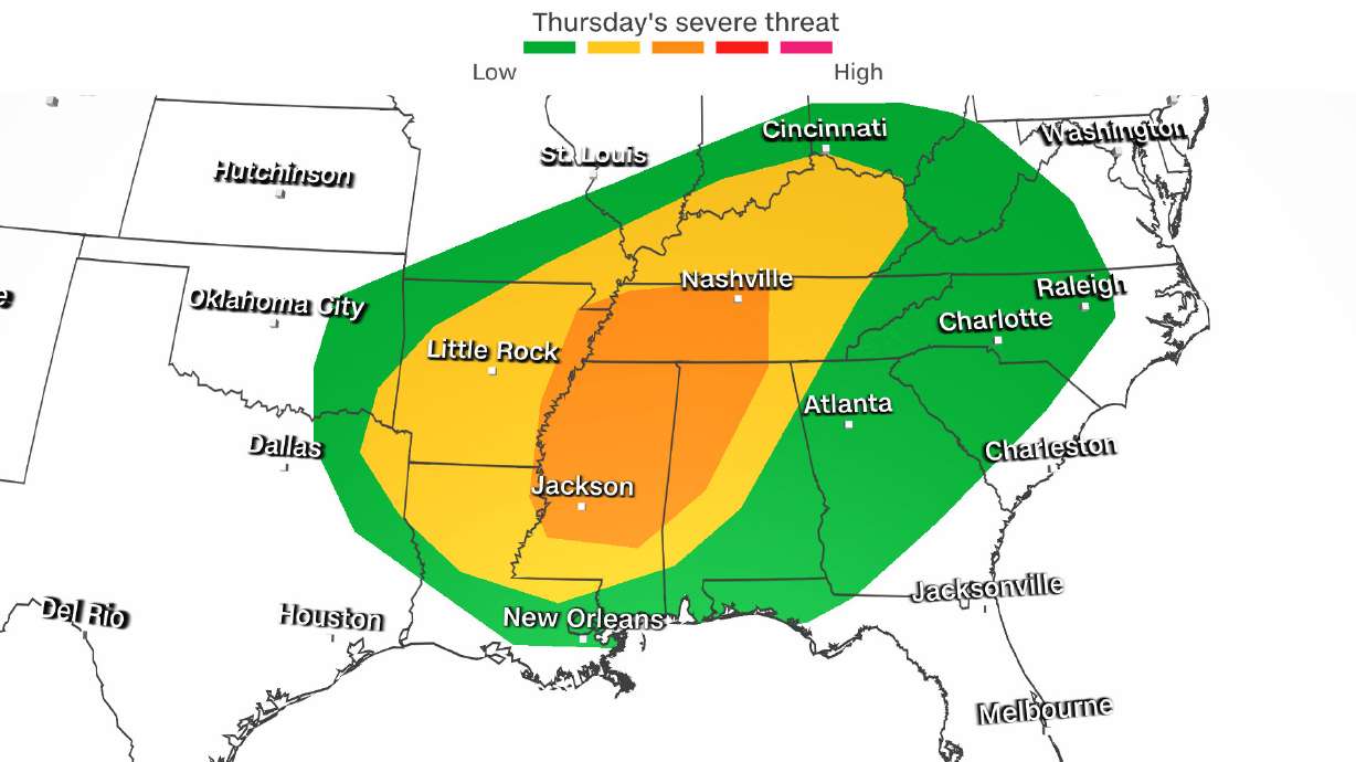 The projected threat of severe storms for the Mid-South and Southeast Thursday.