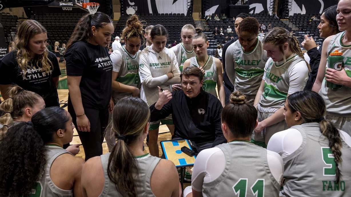 Utah Valley coach Dan Nielson huddles with his team during the Wolverines' recent 65-51 win over Seattle U. in the UCCU Center. UVU has won eight of its last 10 games to rocket up the Western Athletic Conference standings.