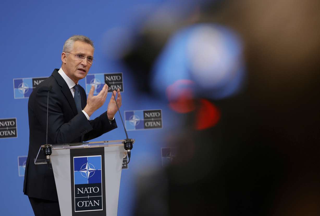 NATO Secretary General Jens Stoltenberg speaks during a media conference after a meeting of NATO defense ministers at NATO headquarters in Brussels, Thursday. U.S. Defense Secretary Lloyd Austin and his NATO counterparts held talks on Thursday with ministers from Ukraine and Georgia, as Russia's military buildup around Ukraine fuels one of Europe's biggest security crises in decades.