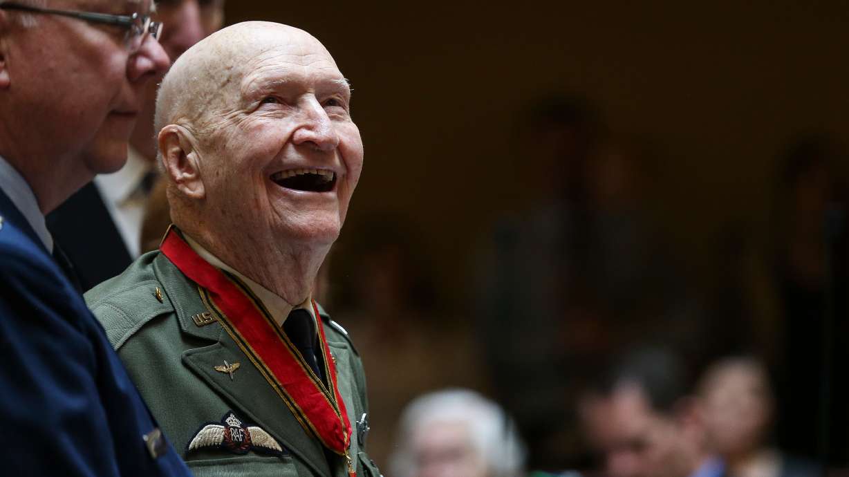 Col. Gail Halvorsen, nicknamed the “Candy Bomber,” looks up toward the gallery while being honored at the Capitol in Salt Lake City on Feb. 3, 2017. Reactions to his death on Wednesday have poured in from across Utah and beyond.
