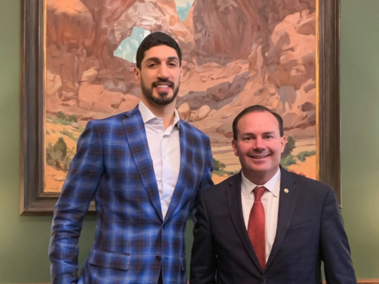 Former Jazz man Enes Kanter Freedom is pictured with Utah Sen. Mike Lee on Capitol Hill on a social media post Wednesday.