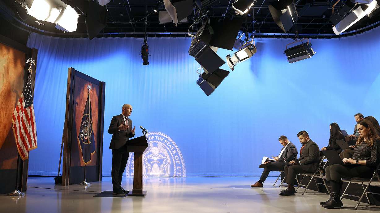Gov. Spencer Cox speaks during his monthly news conference at PBS Utah at the Eccles Broadcast Center in Salt Lake City on Thursday. If Utah doesn't get more storms in the next few weeks, the governor said the state's reservoirs might be as empty as last year or worse.