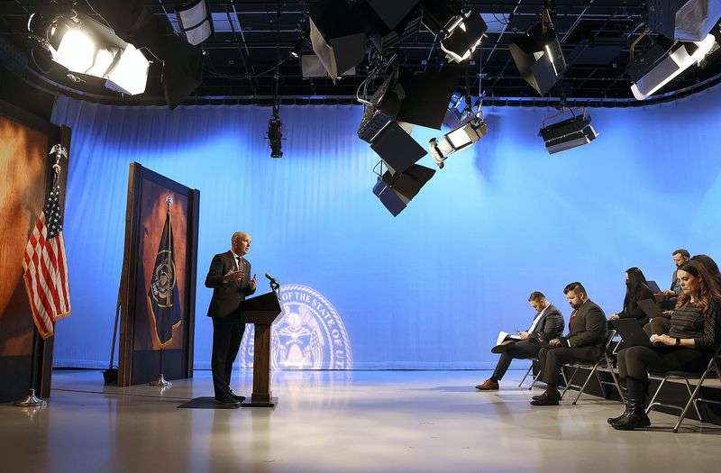 Gov. Spencer Cox speaks during his monthly news conference at PBS Utah at the Eccles Broadcast Center in Salt Lake City on Thursday.