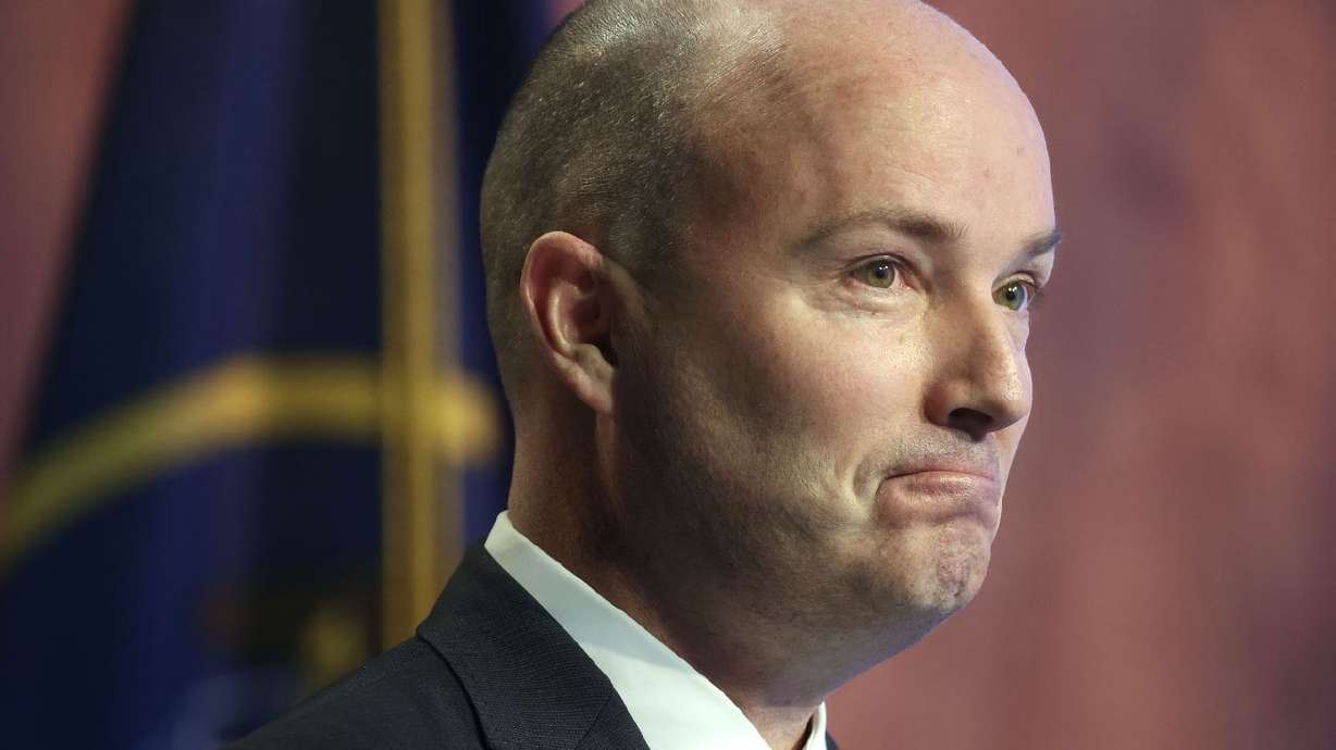 Gov. Spencer Cox speaks during his monthly news conference at PBS Utah at the Eccles Broadcast Center in Salt Lake City on Thursday.
