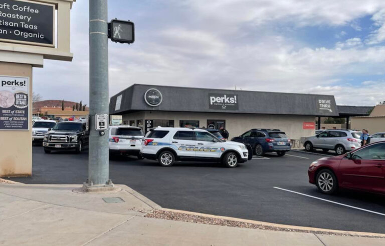 St. George Police respond to the scene of suspected suicide at an espresso shop on West Sunset Blvd., in St. George on Wednesday.