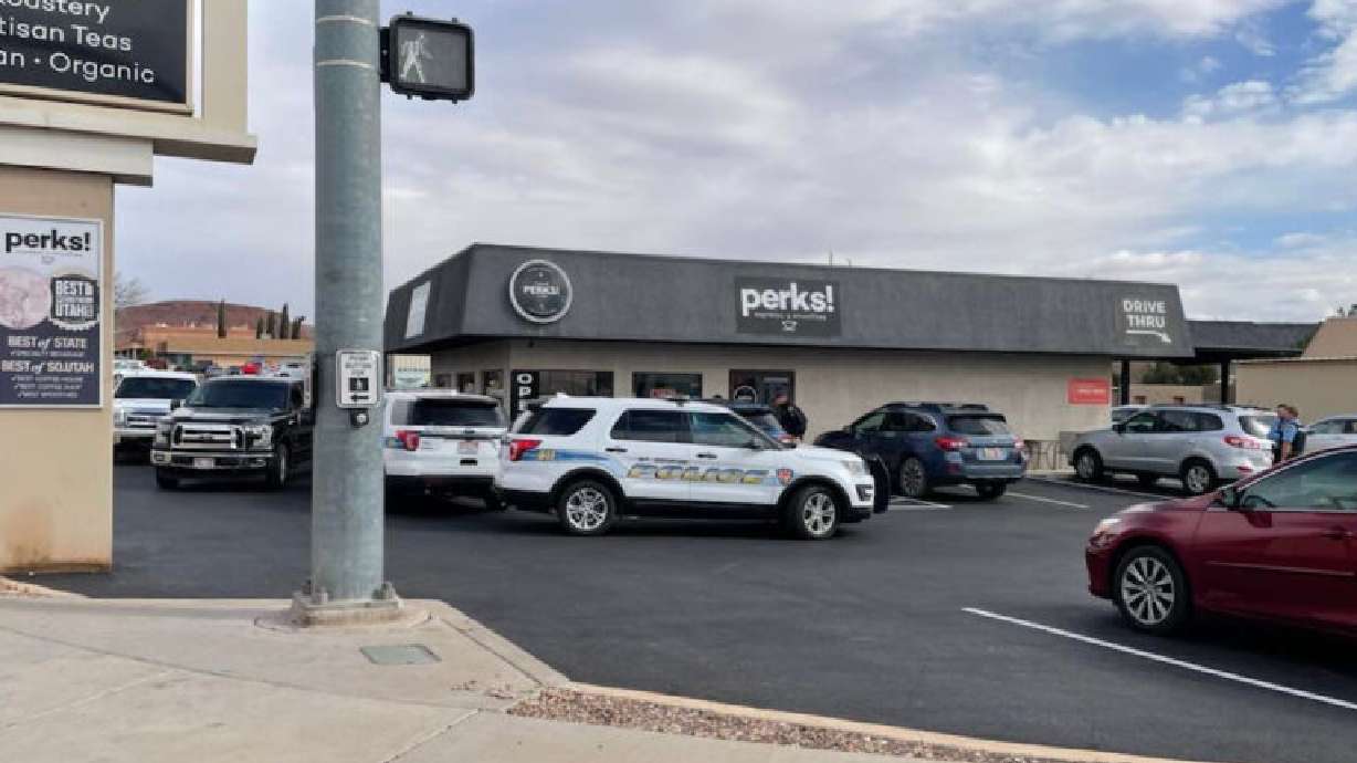 St. George Police respond to the scene of suspected suicide at an espresso shop on West Sunset Blvd., in St. George on Wednesday.