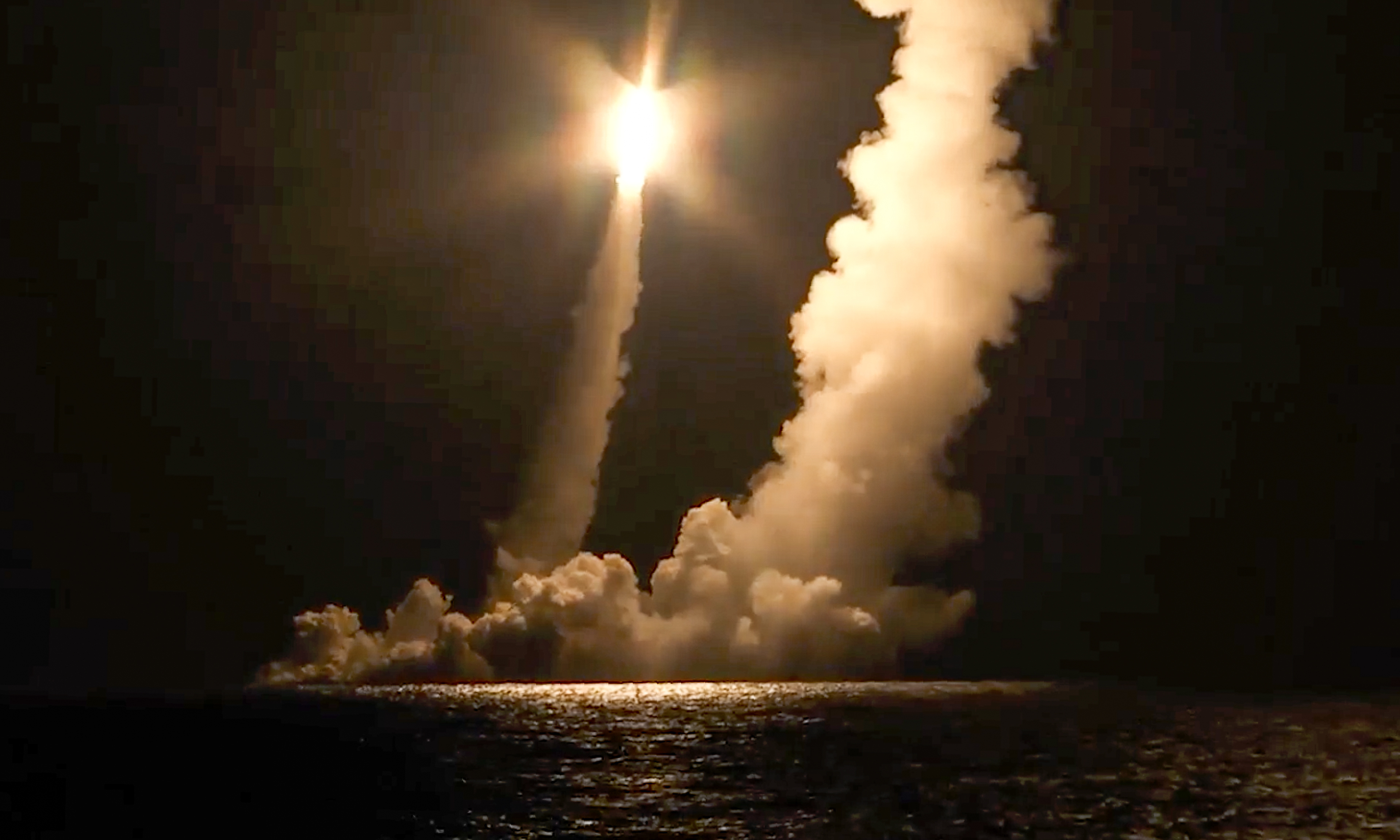 Intercontinental ballistic missiles are launched by the Vladimir Monomakh nuclear submarine on Dec. 12, 2020. Russia announced Friday it is planning massive drills of its strategic military forces amid Western fears that Moscow might be preparing to invade Ukraine.
