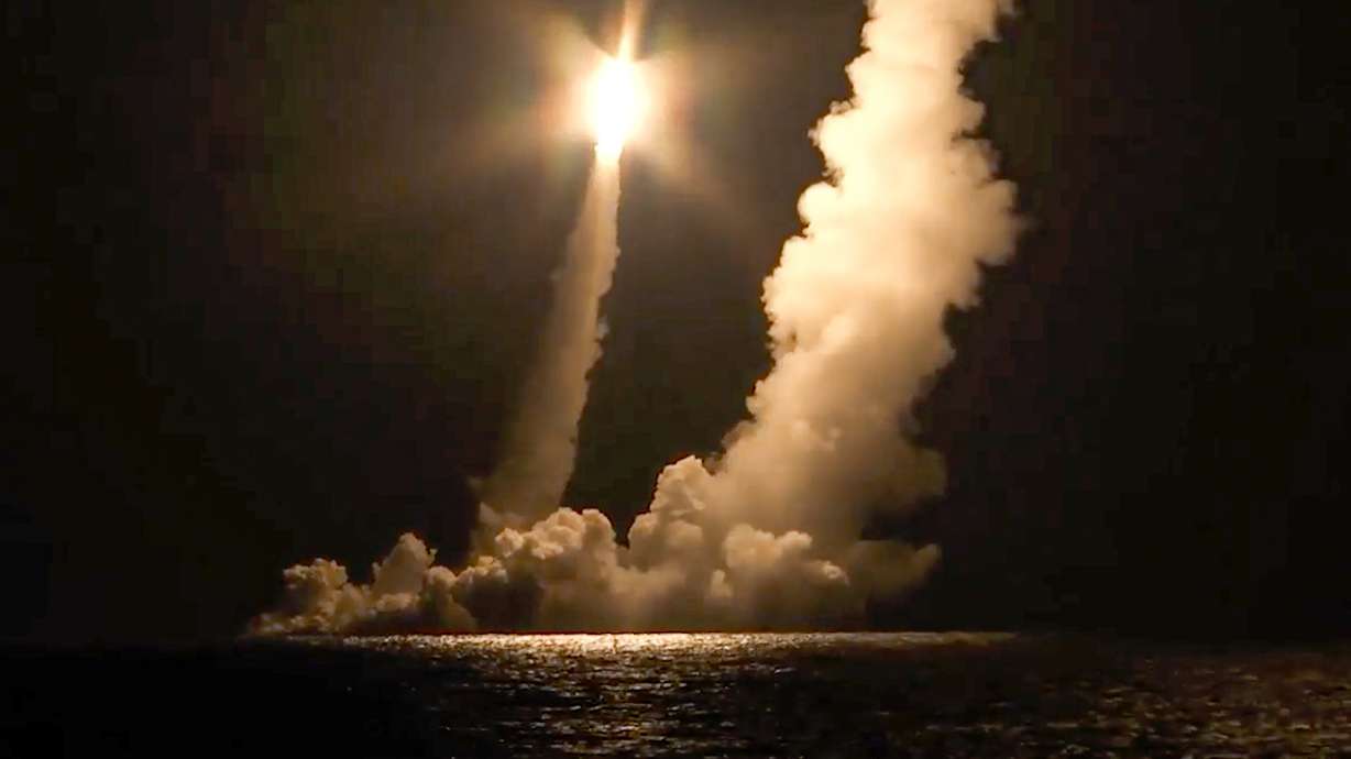 Intercontinental ballistic missiles are launched by the Vladimir Monomakh nuclear submarine on Dec. 12, 2020. Russia announced Friday it is planning massive drills of its strategic military forces amid Western fears that Moscow might be preparing to invade Ukraine.