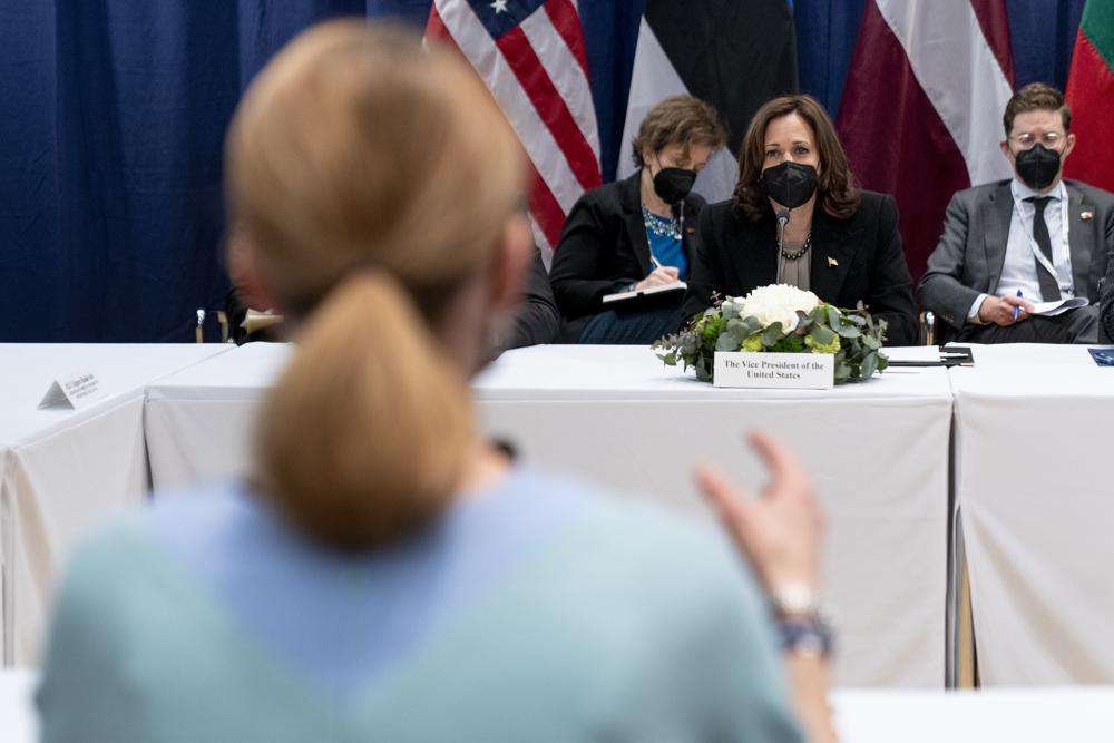 Vice President Kamala Harris, listens as Estonia's Prime Minister Kaja Kallas, foreground, speaks during a meeting at the Munich Security Conference, Friday in Munich.