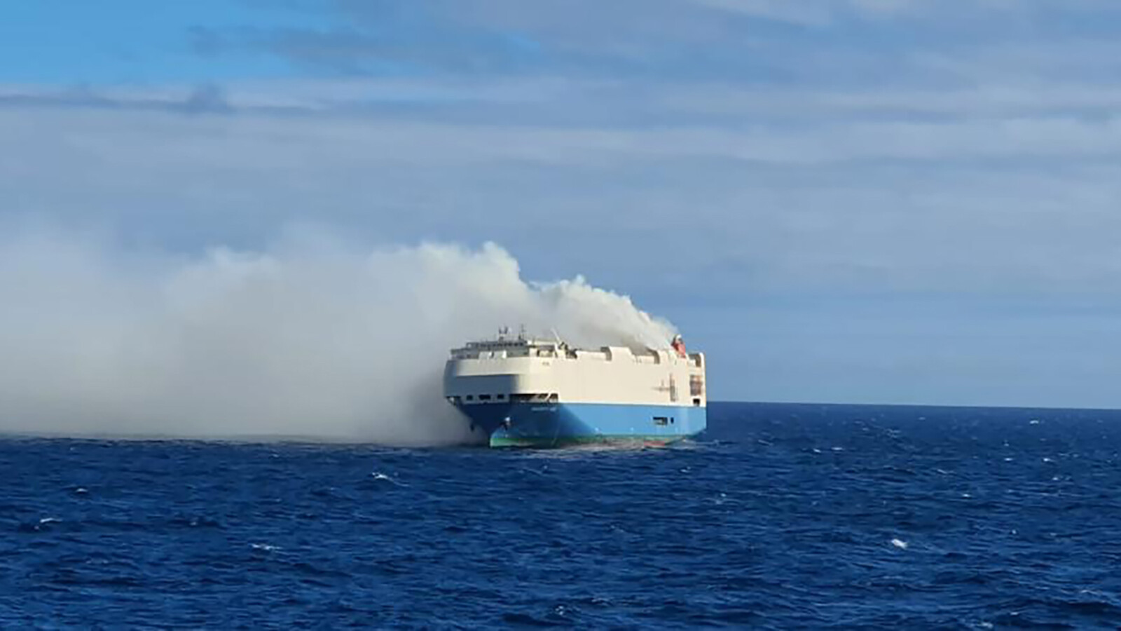 The Felicity Ace, a ship full of luxury cars, is shown on Feb. 17, on fire and stranded in the middle of the Atlantic.