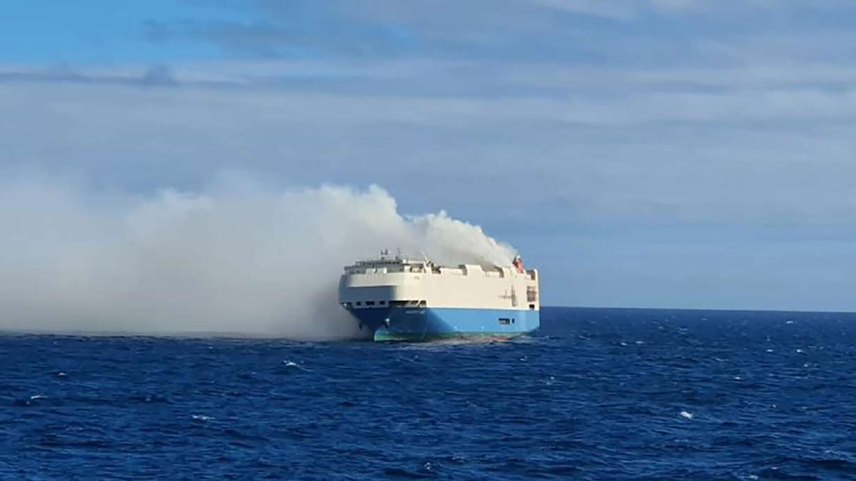 The Felicity Ace, a ship full of luxury cars, is shown on Feb. 17, on fire and stranded in the middle of the Atlantic.