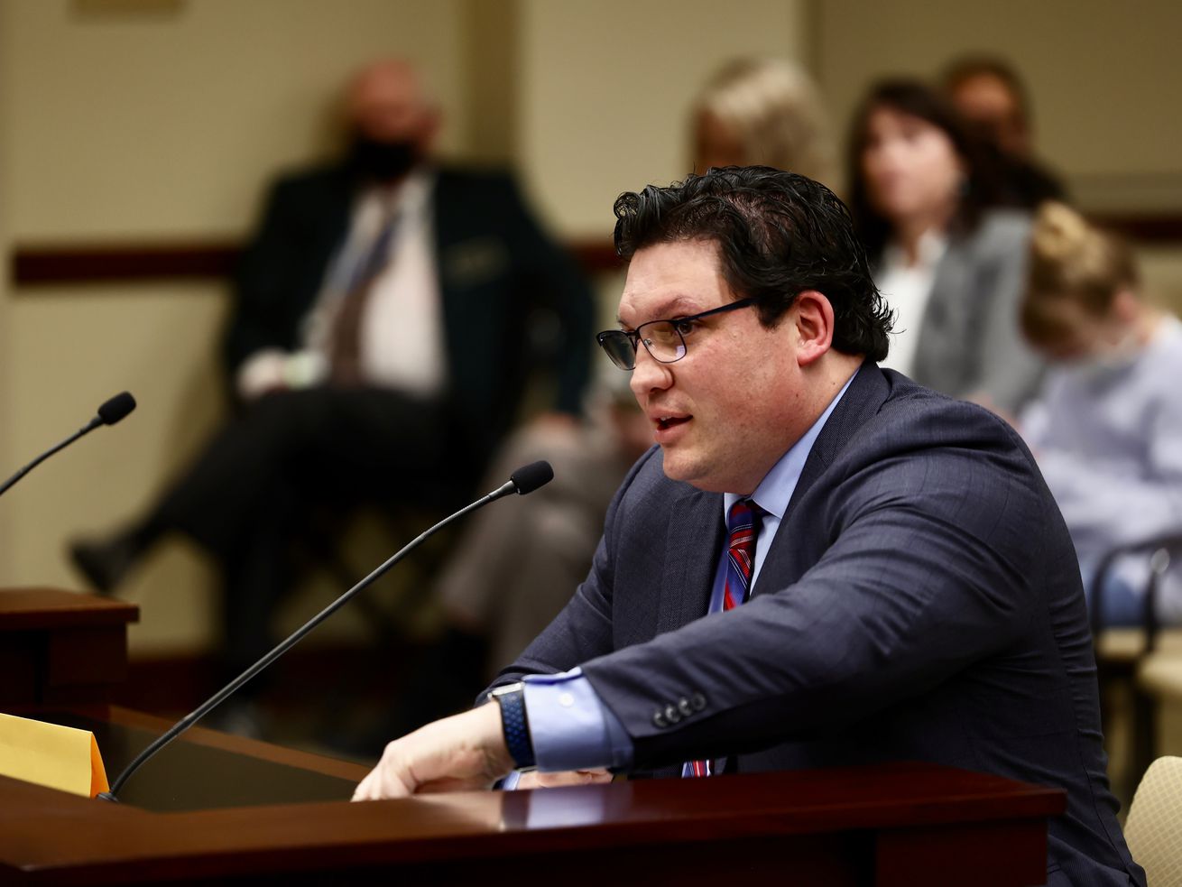 Rep. Ryan Wilcox, R-Ogden, sponsor of HB399, speaks in the House Law Enforcement and Criminal Justice Committee at the
Capitol in Salt Lake City on Friday. Utah lawmakers are advancing a bill to protect police Garrity statements from public records requests.