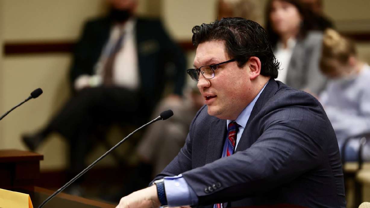 Rep. Ryan Wilcox, R-Ogden, speaks at the Capitol in Salt Lake City on Feb. 18, 2022. Wilcox is sponsoring a bill that would provide mental health services for spouses of retired law enforcement officers and others.