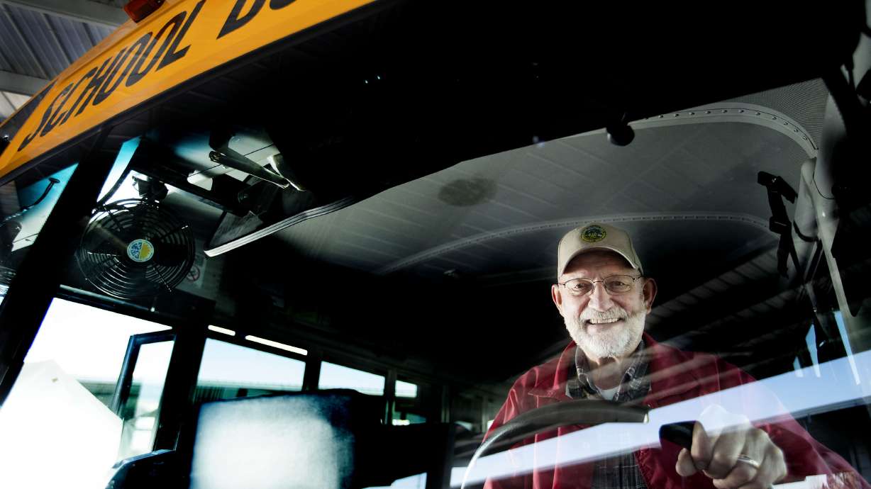 Mac McKell, pictured at the Alpine School District bus garage on Friday, has been a substitute school bus driver for 13 years.
