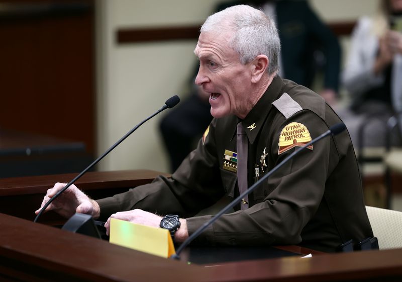 Col. Michael Rapich, superintendent of the Utah Highway
Patrol speaks in favor of HB399, Government Record Amendments,
sponsored by Rep. Ryan Wilcox, R-Ogden, in the House Law
Enforcement and Criminal Justice Committee at the Capitol on
Friday.