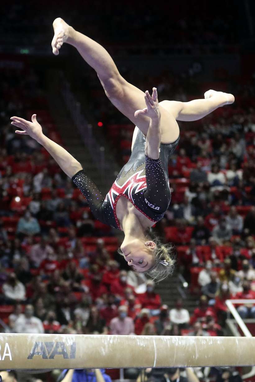 Utah’s Grace McCallum competes on the beam as the Utah Red Rocks compete against Oregon State in a gymnastics meet at the Huntsman Center in Salt Lake City on Friday, Feb. 18, 2022. Utah won.