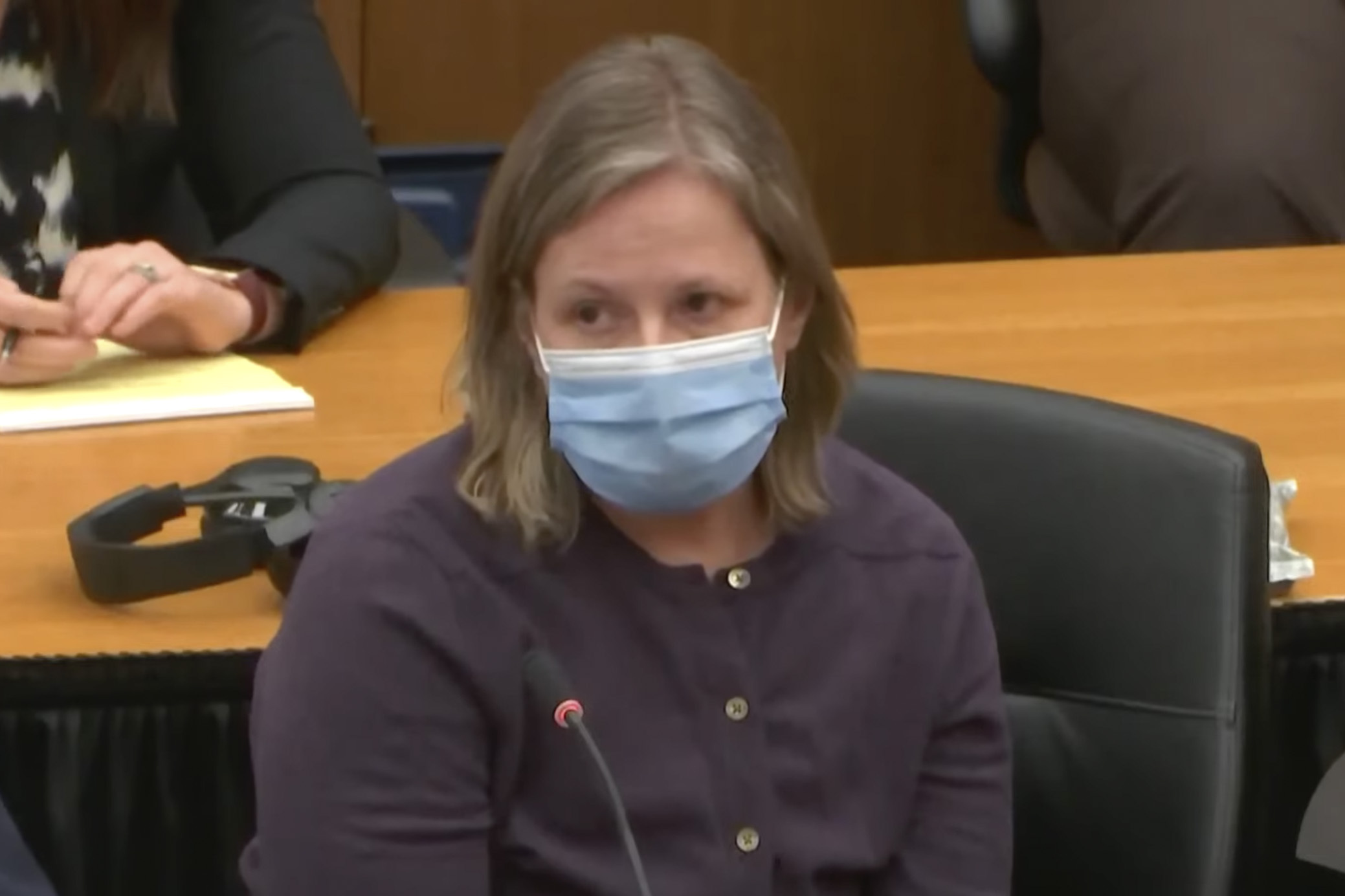 In this screen grab from video, former Brooklyn Center Police Officer Kim Potter listens during a sentencing hearing Friday at the Hennepin County Courthouse in Minneapolis. Potter, who said she confused her Taser and her handgun before shooting Wright during a traffic stop, was convicted of first- and second-degree manslaughter in Wright.