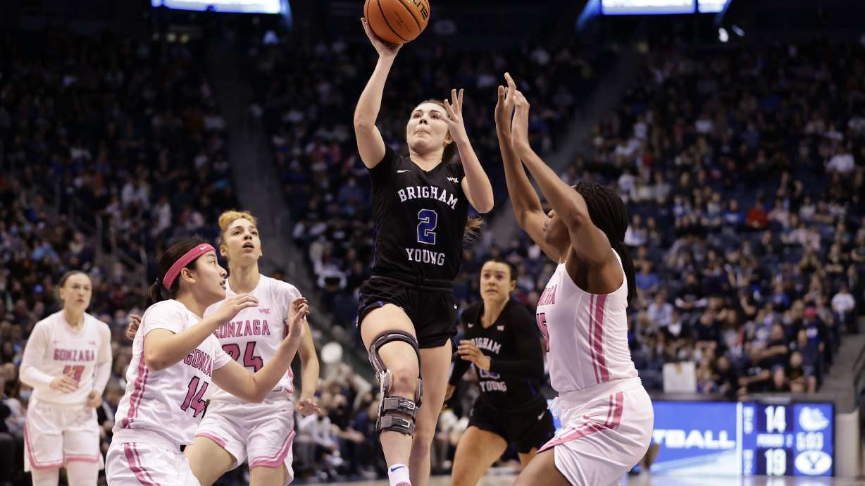 BYU guard Shaylee Gonzales puts up a shot as BYU women's basketball faces Gonzaga, Saturday, Feb. 19, 2022 in the Marriott Center.