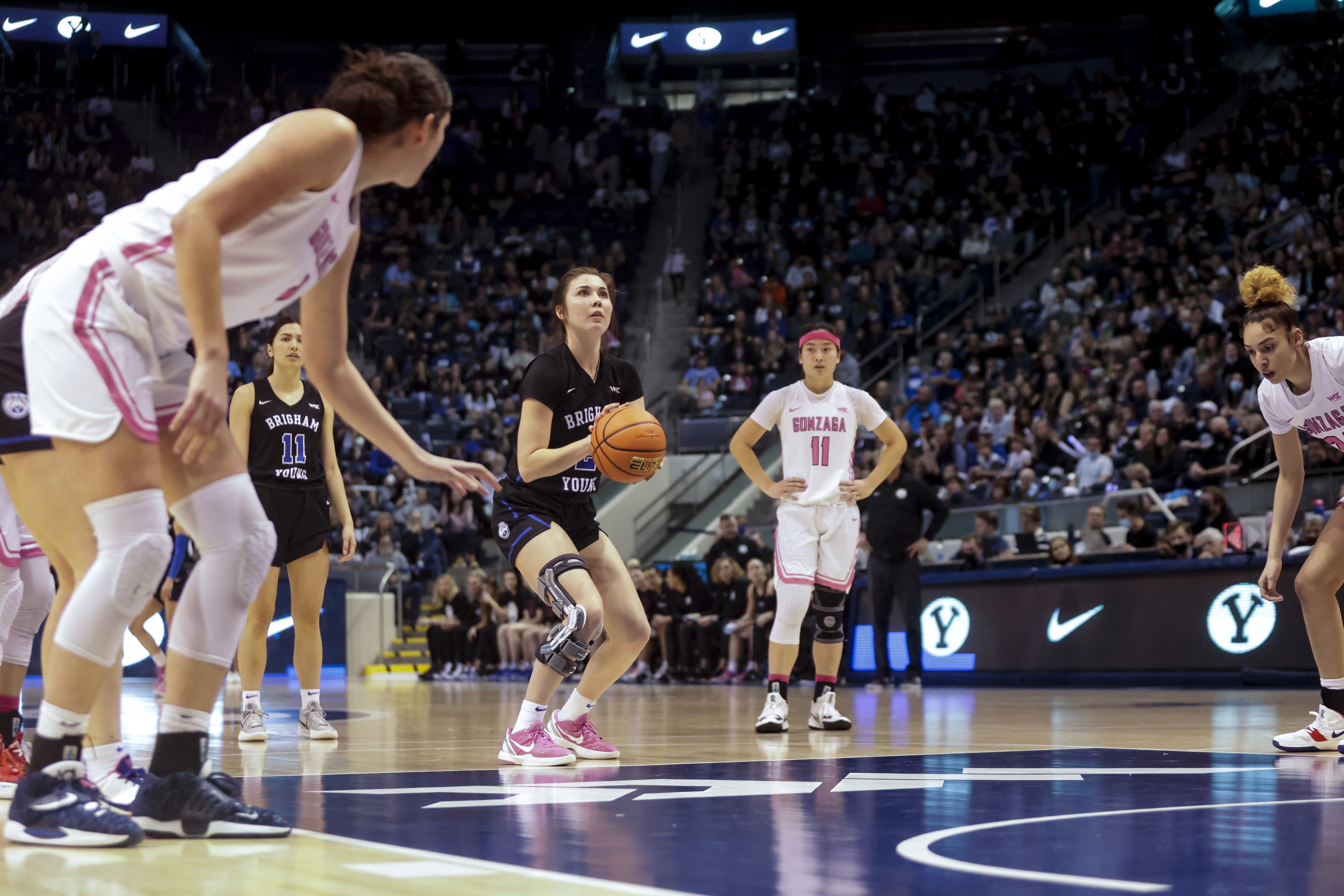 BYU guard Shaylee Gonzales shoots a free throw against Gonzaga Bulldogs at the Marriott Center in Provo on Saturday, Feb. 19, 2022.