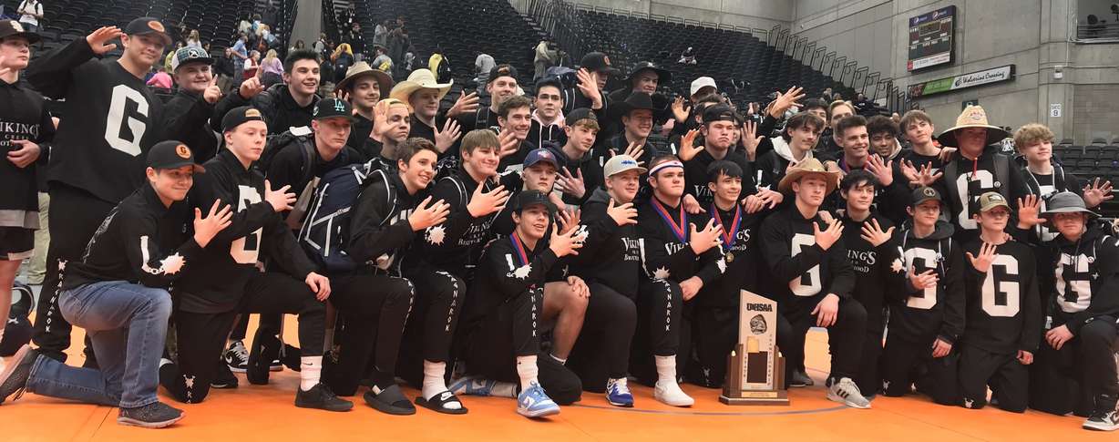 Pleasant Grove celebrates its fifth-straight Class 6A state wrestling championship and 11th in 12 years, Saturday, Feb. 19, 2022 at the UCCU Center in Orem.
