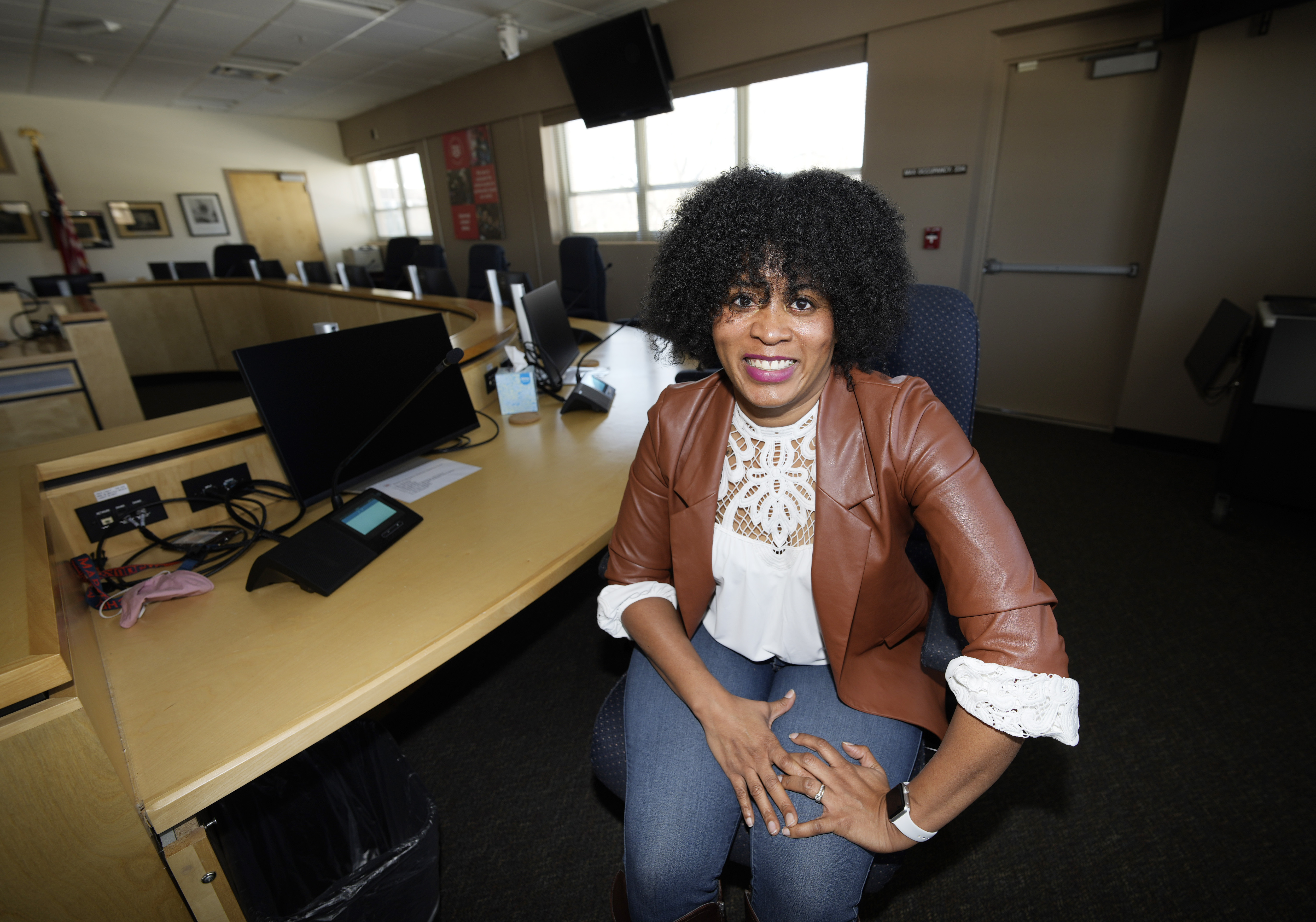 Alexis Knox-Miller, equity director for the Colorado Springs, Colo., school system, poses on Feb. 4 in the boardroom in the district's main office in Colorado Springs, Colo. 