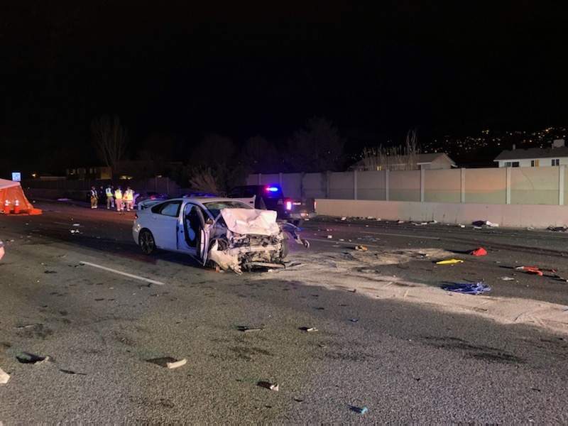 One person died Sunday after a wrong-way driver hit multiple vehicles and a motorcycle on northbound Interstate 15 in North Salt Lake, the Utah Highway Patrol said.