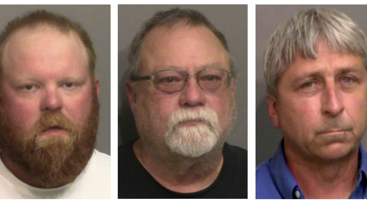 FILE - This combo of booking photos provided by the Glynn County, Ga., Detention Center, shows from left, Travis McMichael, his father Gregory McMichael, and William "Roddie" Bryan Jr. Legal experts say federal hate crimes charges in the 2020 chase and killing of Ahmaud Arbery could prove more difficult to prosecute than the fall murder trial that ended in convictions of three white men. Jury selection is scheduled to begin Monday, Feb. 7, 2022 in U.S. District Court in Brunswick, Georgia.