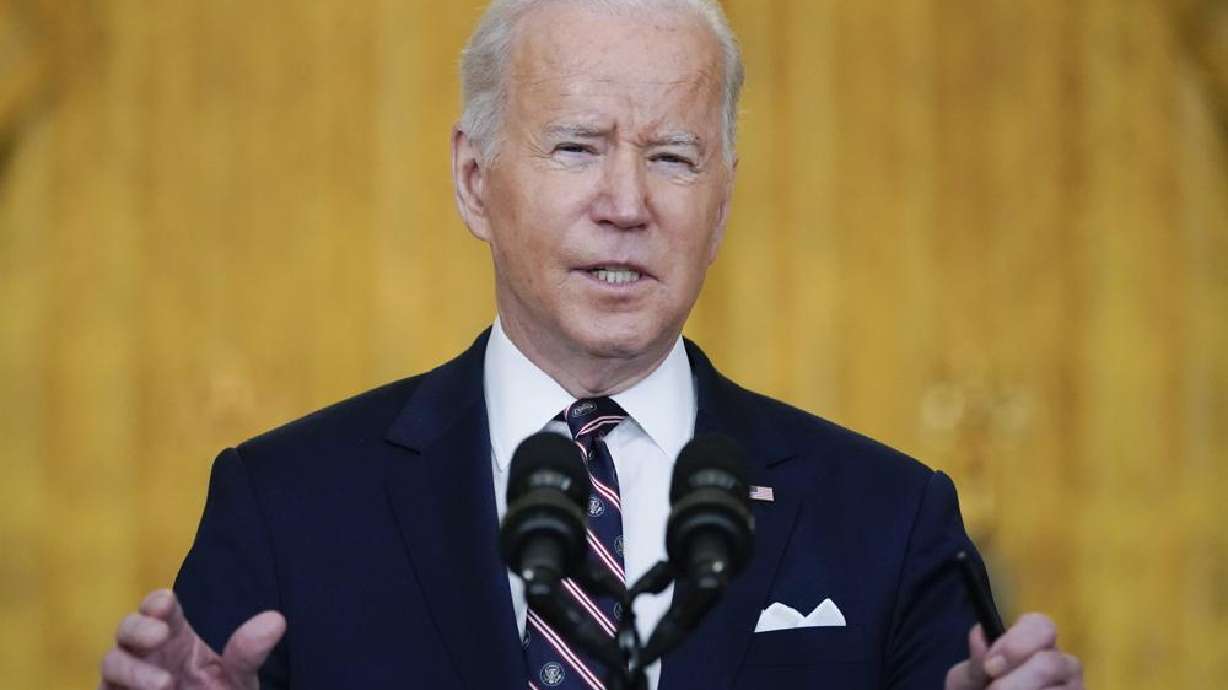 President Joe Biden speaks about Ukraine in the East Room of the White House, Tuesday in Washington. Biden announced the U.S. is ordering heavy financial sanctions against Russian banks and oligarchs on Tuesday, declaring that Moscow has flagrantly violated international law by invading Ukraine.