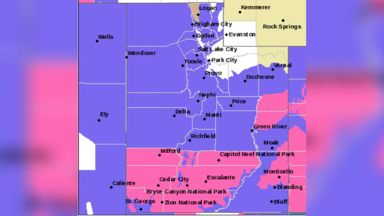 This map shows where winter weather advisories and warnings have been issued for Utah Tuesday and Wednesday. Pink represents winter storm warning, while purple means winter storm advisory. The dark brown in northern Utah is where there is a wind advisory, while the tan is where there is possible hazardous weather.