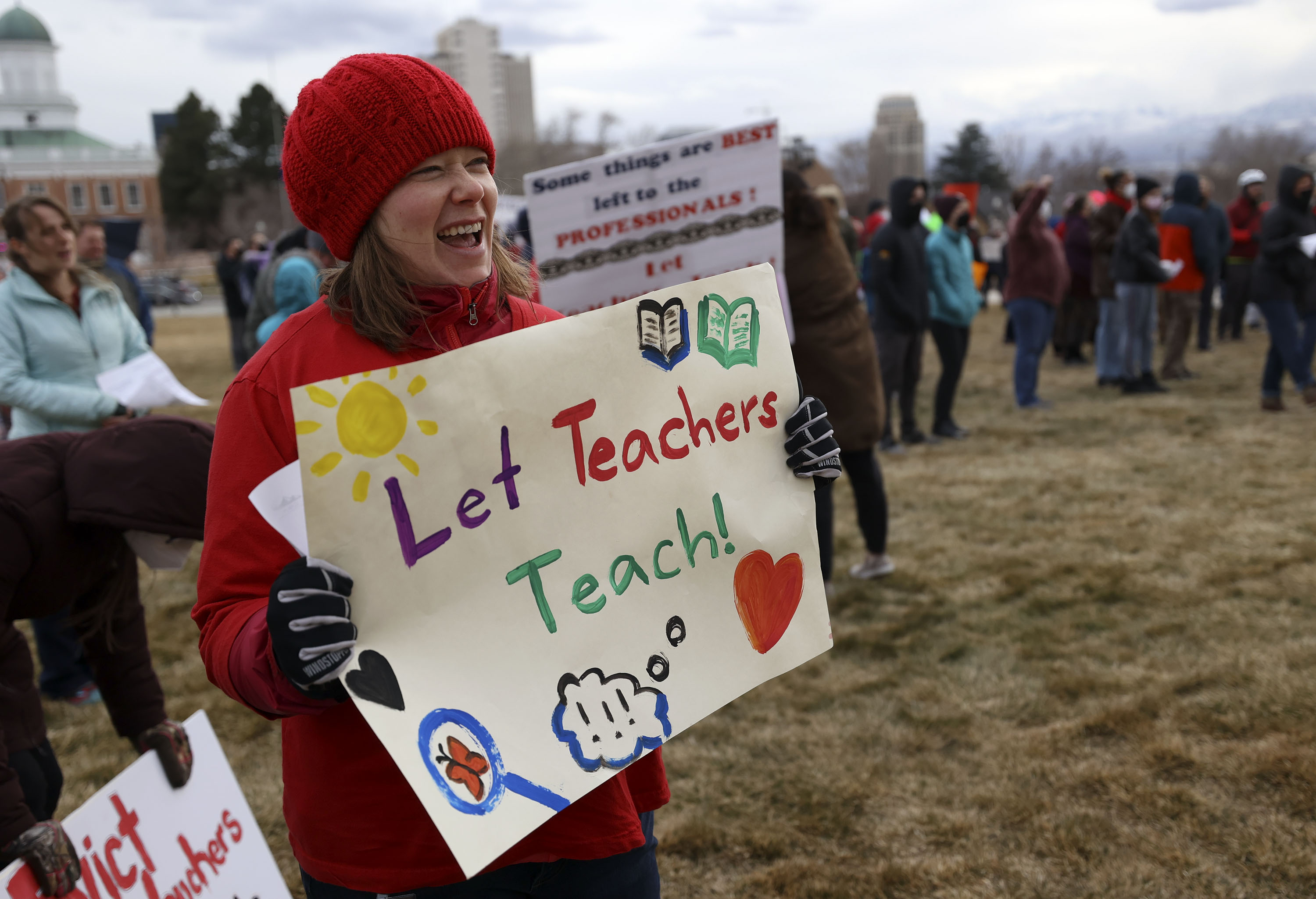 Allison Haines, a Whittier Elementary School second grade teacher, chants at a rally in support of public schools outside of the Capitol in Salt Lake City on Tuesday. Teachers, school officials, parents and students crowded the south steps of the Capitol to speak out against bills making their way through the Legislature and advocate for more support for teachers and public education.