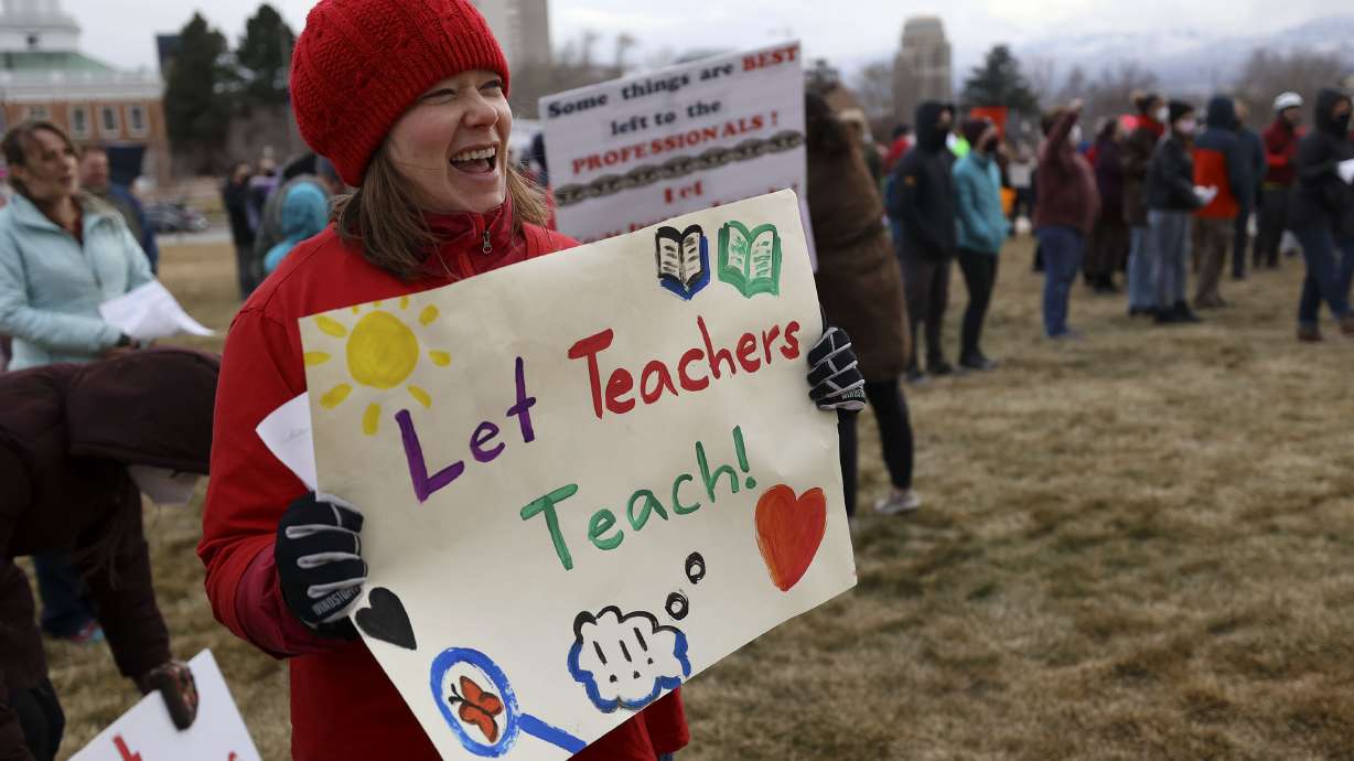 Allison Haines, a Whittier Elementary School second grade teacher, chants at a rally in support of public schools outside of the Capitol in Salt Lake City on Tuesday. Teachers, school officials, parents and students crowded the south steps of the Capitol to speak out against bills making their way through the Legislature and advocate for more support for teachers and public education.