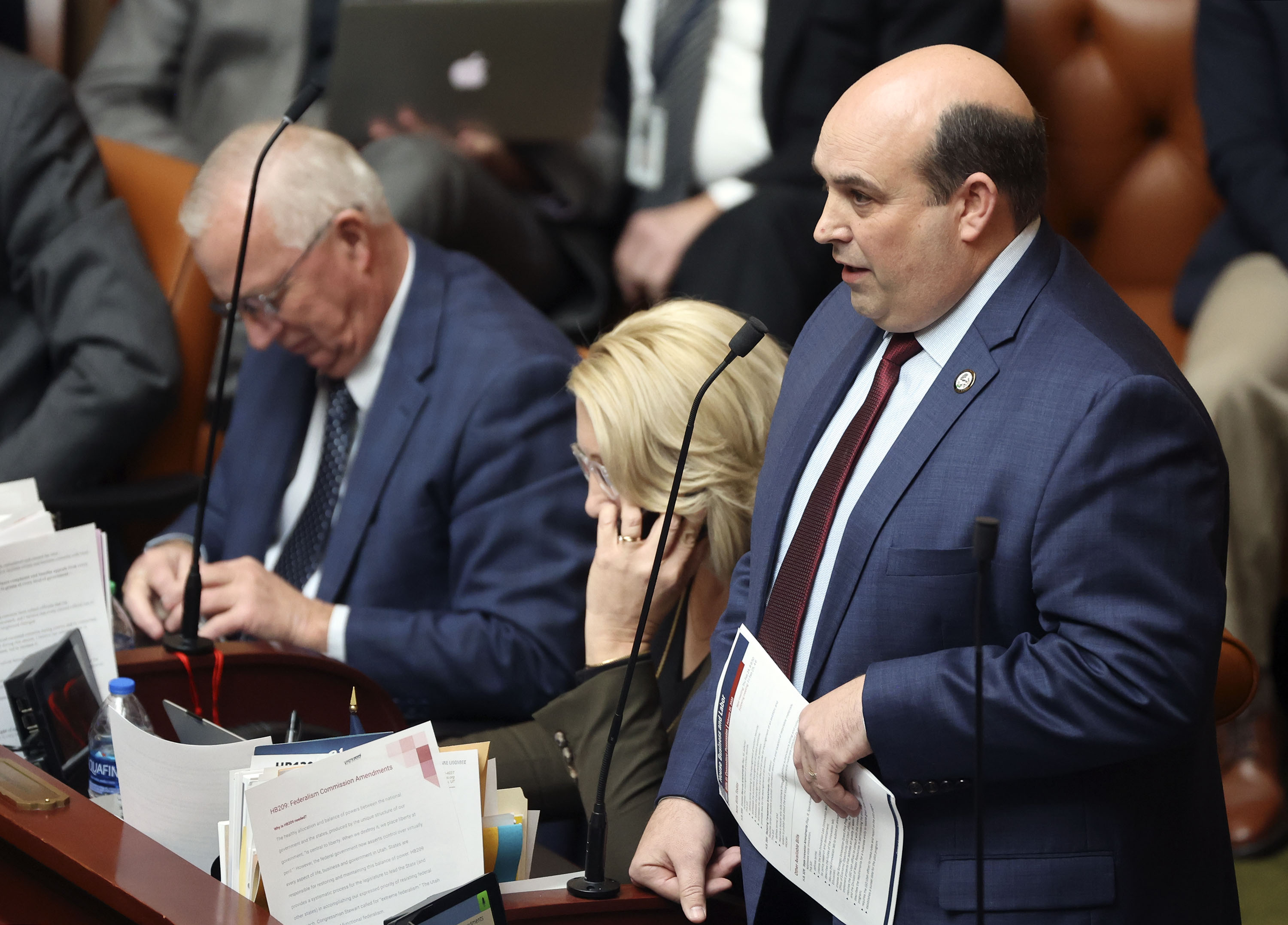 Rep. Walt Brooks, R-St. George, talks about HB60, which he is sponsoring, in the House chamber at the Capitol in Salt Lake City on Tuesday. The bill would prohibit governments or employers from requiring vaccine passports.