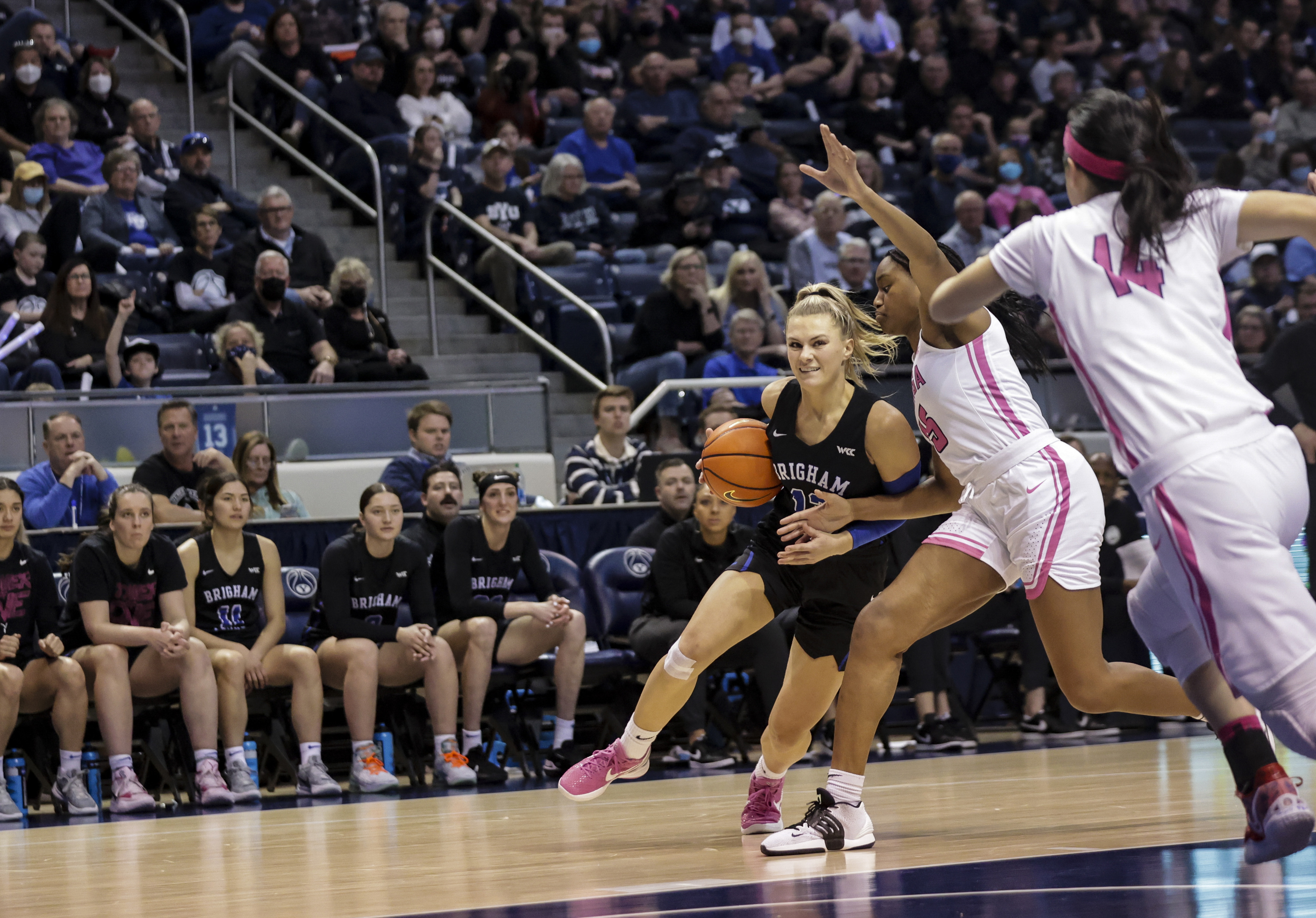 BYU Cougars guard Paisley Harding (13) drives to the basket during a West Coast Conference game against the Gonzaga Bulldogs at the Marriott Center in Provo on Saturday, Feb. 19, 2022.
