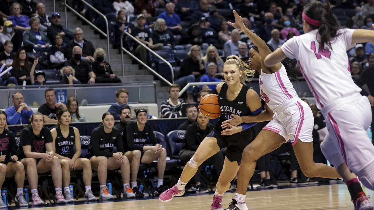 BYU Cougars guard Paisley Harding (13) drives to the basket during a West Coast Conference game against the Gonzaga Bulldogs at the Marriott Center in Provo on Saturday, Feb. 19, 2022.